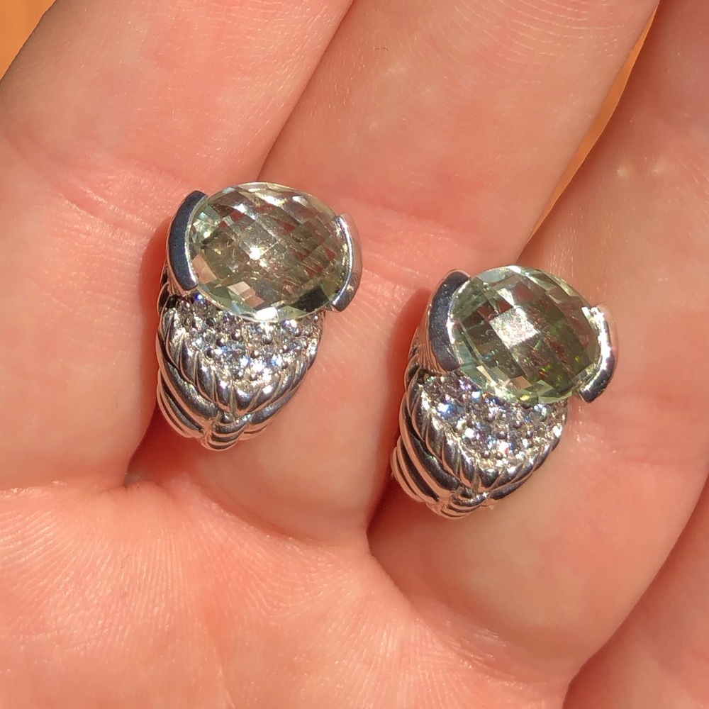 Judith Ripka 925 Sterling Silver Green Amethyst Leverback stud earrings